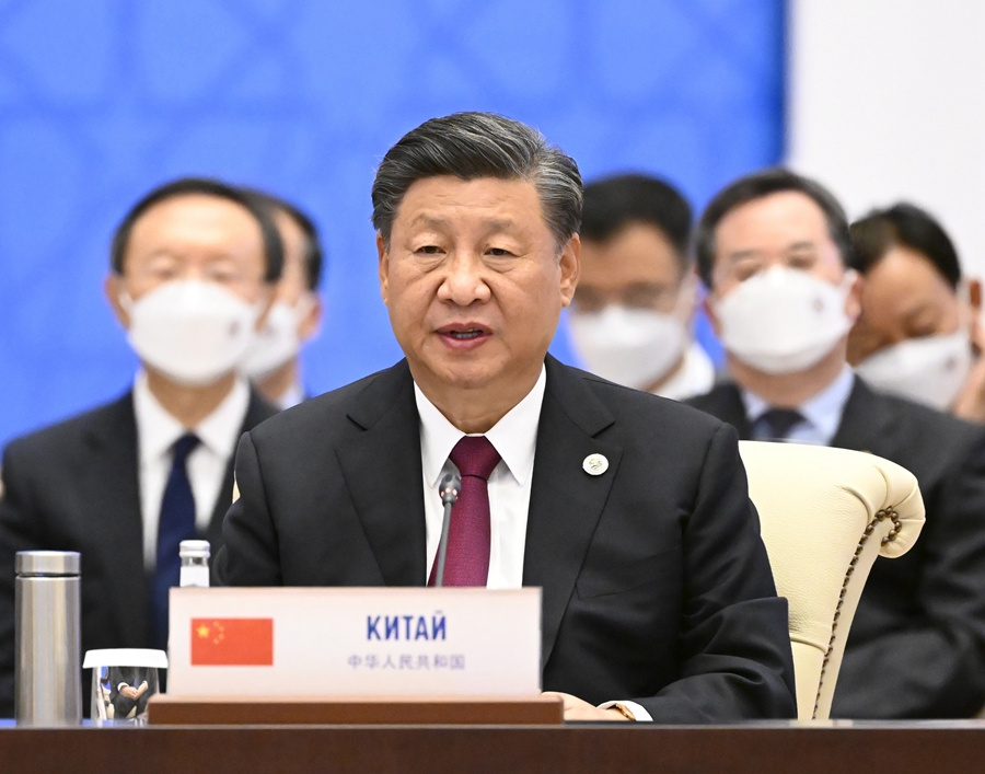 当地时间9月16日，国家主席习近平在撒马尔罕国际会议中心出席上海合作组织成员国元首理事会第二十二次会议并发表重要讲话。新华社记者 李学仁 摄.jpg
